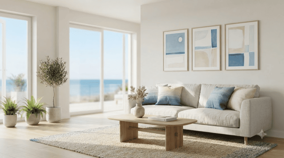 Vue sur un salon de maison de vacance avec un art mural de 3 poster avec des couleurs pastel beige et bleu pour donner une ambiance de maison de vacances sereine.