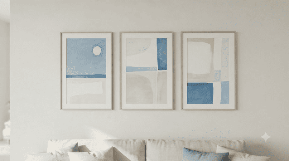 3 poster avec des couleurs pastel beige et bleu pour donner une ambiance de maison de vacances sereine.